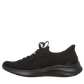 The Skechers Ultra Flex 4.0 Black WIDE WIDTH is a black athletic sneaker with a knit upper, lace-up closure, textured chunky rubber sole, and Air-Cooled Memory Foam, shown in side profile on a white background., 51725, 51726, 199025951999, 51728, 199025952019, 51730, 199025952033, 51732, 51733, 51734