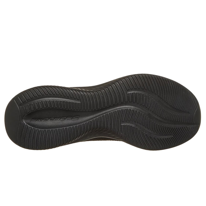 The image displays the black rubber outsole of the Skechers Ultra Flex 4.0 Black WIDE WIDTH vegan slip-on shoe, featuring textured wavy grooves for traction and an embossed Skechers logo near the heel., 51725, 51726, 199025951999, 51728, 199025952019, 51730, 199025952033, 51732, 51733, 51734