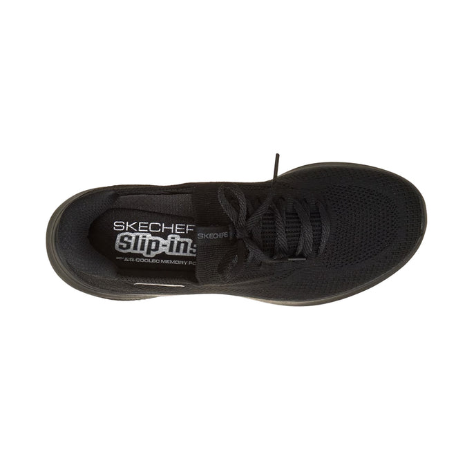 Top view of a black Skechers Ultra Flex 4.0 WIDE WIDTH sneaker with laces, featuring a mesh upper, Skechers branding on the insole, and Air-Cooled Memory Foam for comfort., 51725, 51726, 199025951999, 51728, 199025952019, 51730, 199025952033, 51732, 51733, 51734