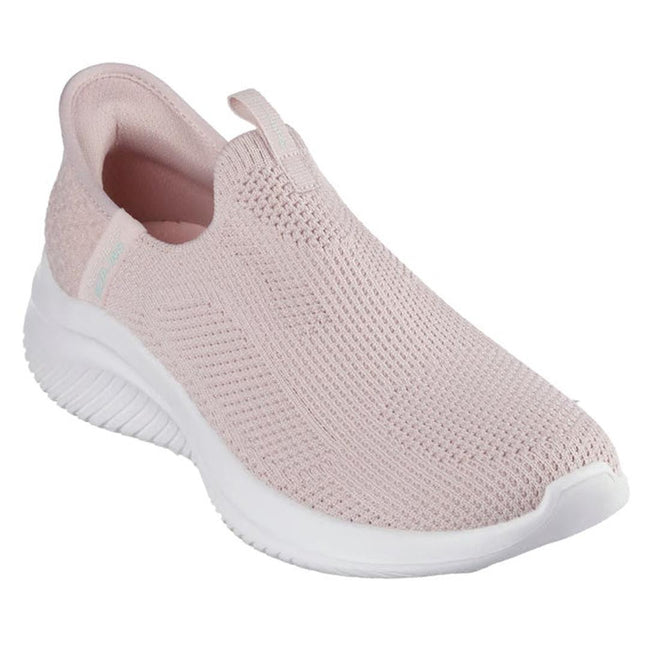 Pink slip-on sneaker with white sole on a white background, front side view,