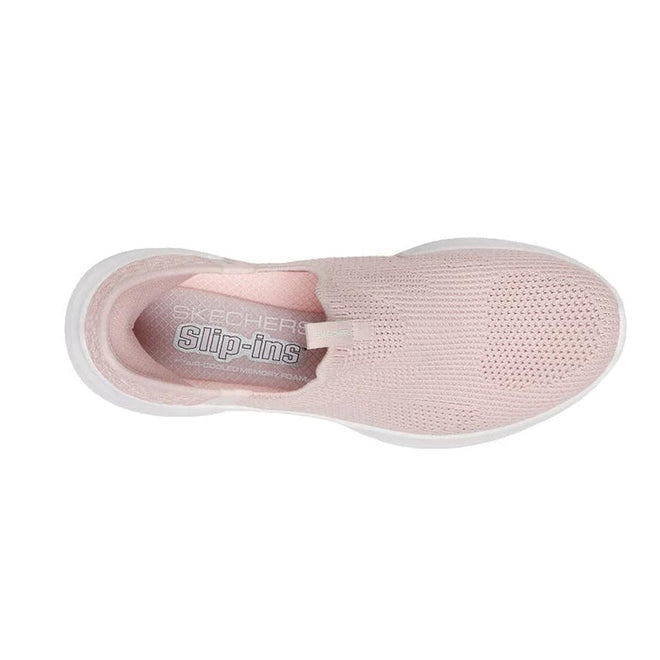 Pink slip-on sneaker with 'Skechers' branding on a white background, top down view, 
198376755188,
198376755195,
198376755201,
198376755218,
198376755225,
198376755249,
198376755256,
