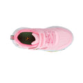 Top view of Skechers Kids Toddlers John Deere Trainers Play Scene Farm Girlie Pink—pink sneaker with Velcro strap, mesh fabric, white sole, colorful accents, and Skechers logo on the tongue; a playful farm-themed shoe., 199025936804, 199025936811, 199025936828, 199025936835