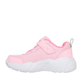 The Skechers Kids Toddlers John Deere Trainers Play Scene Farm Girlie Pink features a pink mesh and synthetic upper, white sole, hook-and-loop strap, elastic laces, and pull tab at heel. Shown from the side on a white background., 199025936804, 199025936811, 199025936828, 199025936835