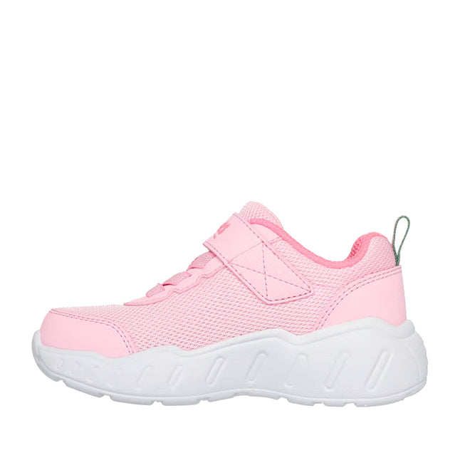 The Skechers Kids Toddlers John Deere Trainers Play Scene Farm Girlie Pink features a pink mesh and synthetic upper, white sole, hook-and-loop strap, elastic laces, and pull tab at heel. Shown from the side on a white background., 199025936804, 199025936811, 199025936828, 199025936835