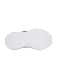The image shows the bottom view of a white shoe sole with a wavy tread and "Skechers" embossed, from the Skechers Kids Toddlers John Deere Trainers Play Scene Farm Girlie Pink collection., 199025936804, 199025936811, 199025936828, 199025936835