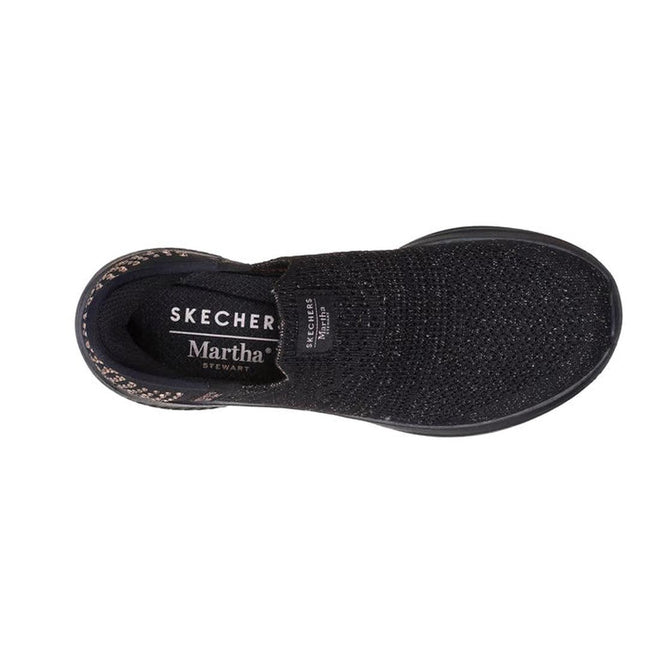 Black Skecher shoe, Skeckers Slip In Glam Life Martha Stewart top down view showing the padded sole on a white background, top down view,
197976790407,
197976790421,
197976790438,
197976790445,
197976790452,
197976790469,
197976790483,
197976790490,