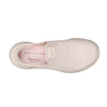 Top down view pinnk white slip-on shoe with 'Skechers' branding on a white background,
196989108742,
196989108766,
196989108780,, 196989108742, 45876, 196989108766, 45878, 196989108780, 45880, 45881, 45882