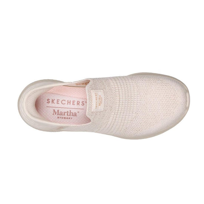 Top down view pinnk white slip-on shoe with 'Skechers' branding on a white background,
196989108742,
196989108766,
196989108780,, 196989108742, 45876, 196989108766, 45878, 196989108780, 45880, 45881, 45882