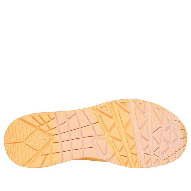 The image displays the sole of the Skechers Uno Stand On Air Womens Trainer in orange, featuring a geometric tread pattern with rectangles and triangles for traction and grip, along with air-cushioned comfort., 42039, 42040, 193642531305, 42042, 193642531329, 42044, 193642531343, 42046, 42047, 42048