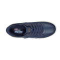 Top view of Skechers Wide Width Bobs D'Vine So Flattered Navy Slip In Trainer with perforated toe, navy laces, white sole, and insole featuring Skechers logo, Slip-ins branding, and Memory Foam for all-day comfort., 45502, 45503, 199025138970, 45505, 199025138994, 45507, 199025139014, 45509, 199025139038, 199025139045