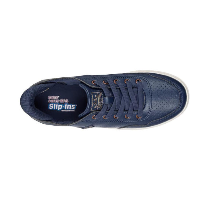 Top view of Skechers Wide Width Bobs D'Vine So Flattered Navy Slip In Trainer with perforated toe, navy laces, white sole, and insole featuring Skechers logo, Slip-ins branding, and Memory Foam for all-day comfort., 45502, 45503, 199025138970, 45505, 199025138994, 45507, 199025139014, 45509, 199025139038, 199025139045
