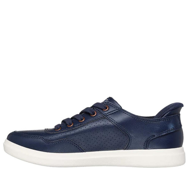 The Skechers Wide Width Bobs D'Vine So Flattered Navy Slip In Trainer is shown in side profile on a white background, featuring navy leather, a white rubber sole, perforated sides, matching laces, and Skechers Memory Foam for comfort., 45502, 45503, 199025138970, 45505, 199025138994, 45507, 199025139014, 45509, 199025139038, 199025139045