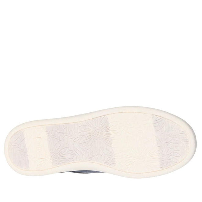 The image shows the sole of the Skechers Wide Width Bobs D'Vine So Flattered Navy Slip In Trainer, featuring light-colored rubber with a subtle floral pattern and slightly raised edges for comfort reminiscent of Skechers Memory Foam., 45502, 45503, 199025138970, 45505, 199025138994, 45507, 199025139014, 45509, 199025139038, 199025139045