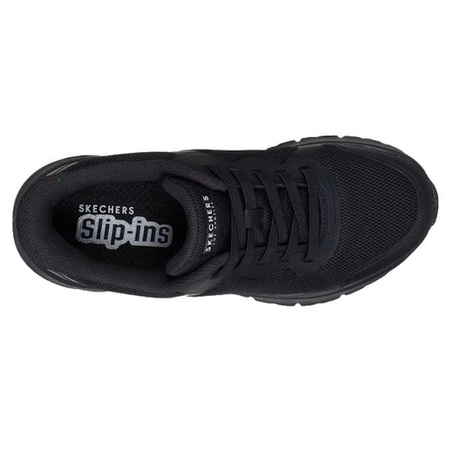 Top view of the Skechers Womens Uno Flex Ivorine Slip In Black sneaker, featuring black laces, mesh upper, visible Skechers Slip-ins logo on the insole, and memory foam cushioning for comfort and easy slip-in style., 198739065466, 198739065480, 198739065503, 198739065527, 50240