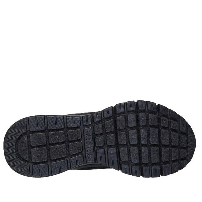 The image displays the black rubber sole of the Skechers Womens Uno Flex Ivorine Slip In Black from below, highlighting a grid-patterned tread with rectangular and square shapes for added traction., 198739065466, 198739065480, 198739065503, 198739065527, 50240