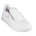 The Skechers Arch Fit-Arcade Stroll'N Street Shoe in white features a sleek leather design for women, highlighted by a convenient side zipper with gold accents, white laces, perforated toe detailing, and a supportive memory foam insole for all-day comfort.