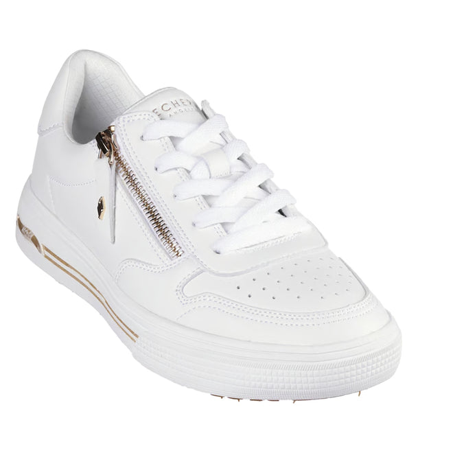 The Skechers Arch Fit-Arcade Stroll'N Street Shoe in white features a sleek leather design for women, highlighted by a convenient side zipper with gold accents, white laces, perforated toe detailing, and a supportive memory foam insole for all-day comfort.