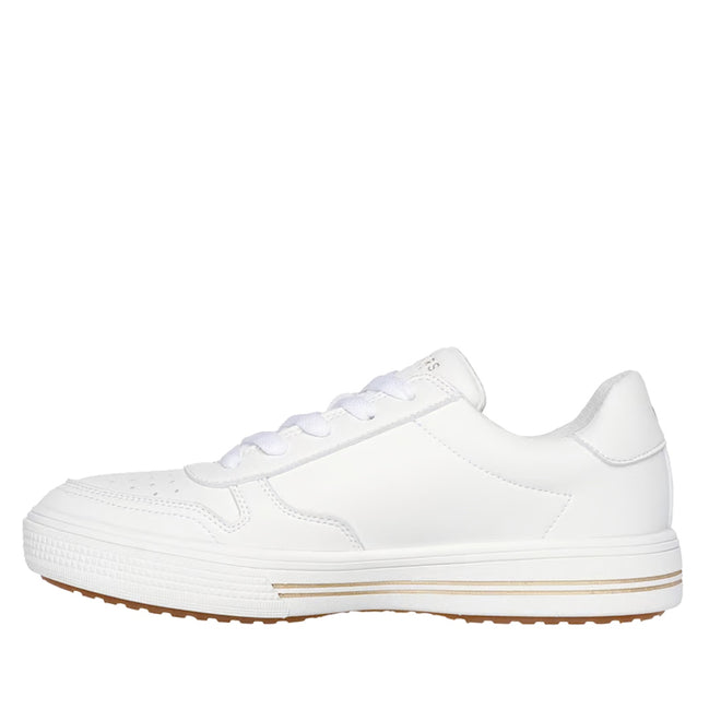 Skechers Arch Fit-Arcade Stroll'N Street Shoe White w/Zip: A white low-top women’s sneaker featuring white laces, a perforated toe, and a white sole with a thin tan stripe above the brown textured outsole. Designed with supportive Skechers Arch Fit technology and a memory foam insole for all-day comfort, this stylish shoe is shown from the side on a plain white background., 52658, 52659, 198376045531, 52661, 198376045555, 52663, 198376045579, 52665, 198376045593, 198376045609
