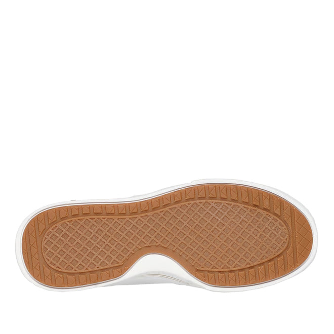 The image shows the sole of the Skechers Arch Fit-Arcade Stroll'N Street Shoe White w/Zip, featuring a brown rubber bottom with a textured, diamond-patterned grip. The white edge of the sole adds to its style, while comfort technologies like a memory foam insole and Skechers Arch Fit support may enhance wearability., 52658, 52659, 198376045531, 52661, 198376045555, 52663, 198376045579, 52665, 198376045593, 198376045609