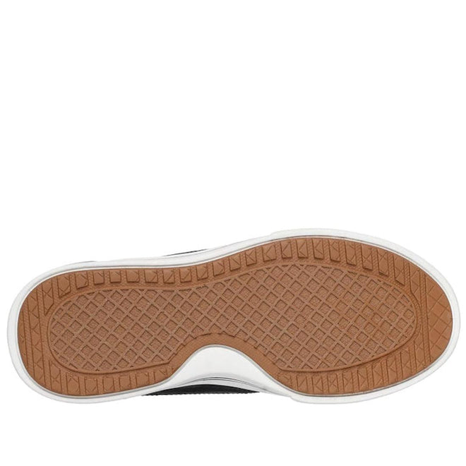 The image shows the bottom view of the Skechers Arch Fit-Arcade Catch Ya There Sneaker Black with a brown rubber sole, diamond-patterned tread, and white border, designed for cushioned comfort., 52242, 199025086332, 199025086356, 199025086370, 199025086394, 52251