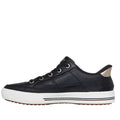 The Skechers Arch Fit-Arcade Catch Ya There Sneaker in black features a white rubber sole, metallic eyelets, silver heel accent, cushioned comfort, black laces, and a stitched side pattern for stylish all-day support., 52242, 199025086332, 199025086356, 199025086370, 199025086394, 52251