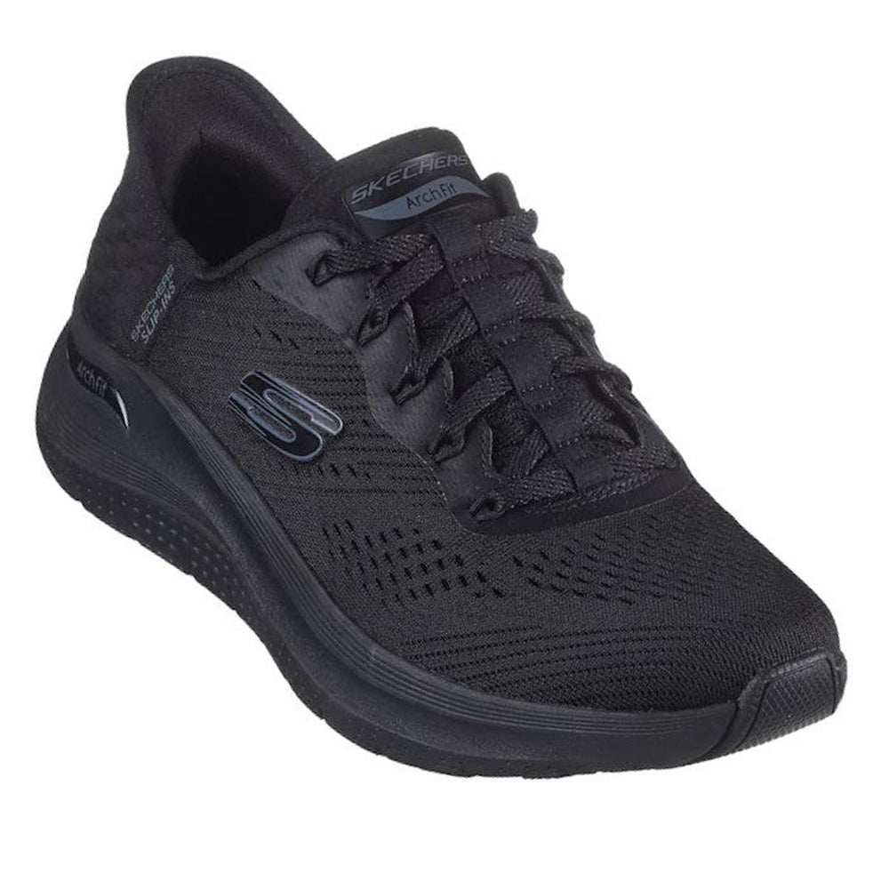 The Skechers Arch Fit 2.0 Slip In WIDE FIT Lace Up Easy Chic Black is an athletic shoe with a mesh upper, lace-up front, and prominent Skechers logo, featured in wide fit and shown against a white background.