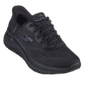 The Skechers Arch Fit 2.0 Slip In WIDE FIT Lace Up Easy Chic Black is an athletic shoe with a mesh upper, lace-up front, and prominent Skechers logo, featured in wide fit and shown against a white background.