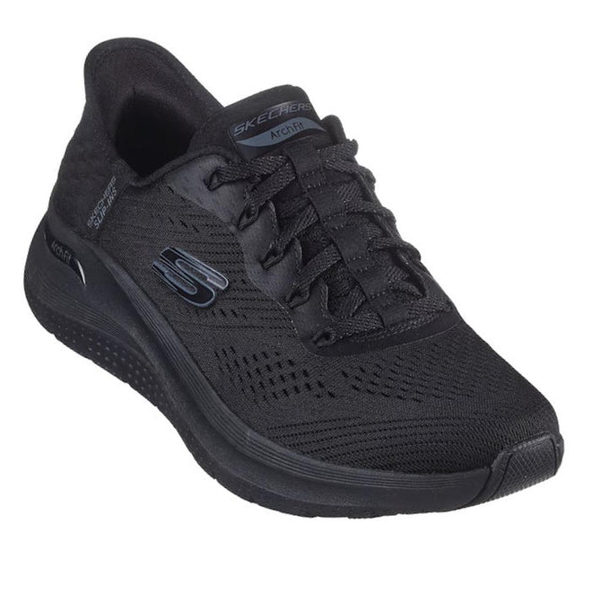 The Skechers Arch Fit 2.0 Slip In WIDE FIT Lace Up Easy Chic Black is an athletic shoe with a mesh upper, lace-up front, and prominent Skechers logo, featured in wide fit and shown against a white background.