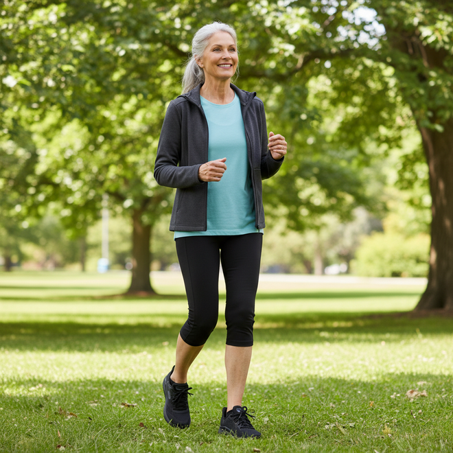 An older woman with gray hair, dressed in a blue shirt, black leggings, and a dark jacket, smiles while enjoying a sunny walk in the park wearing Skechers Arch Fit 2.0 Slip In WIDE FIT Lace Up Easy Chic Black shoes., 50572, 198376162054, 198376162078, 198376162092, 198376162115, 50581