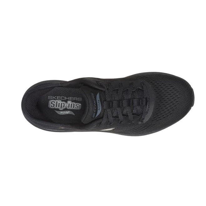 Top view of the Skechers Arch Fit 2.0 Slip In WIDE FIT Lace Up Easy Chic Black shoe, featuring black laces, a breathable mesh upper, Arch Fit insole for comfort and support, and wide width sizing for a better fit., 50572, 198376162054, 198376162078, 198376162092, 198376162115, 50581