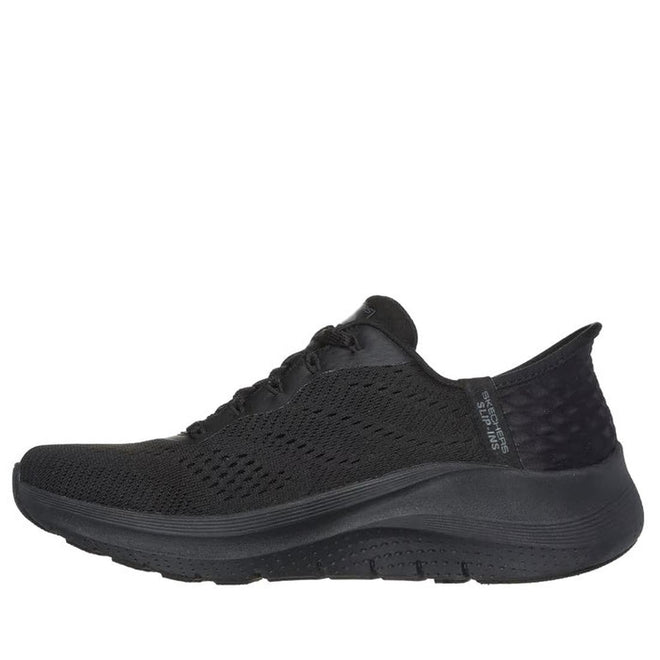 The Skechers Arch Fit 2.0 Slip In WIDE FIT Lace Up Easy Chic Black is a black athletic sneaker with a mesh upper, lace-up closure, thick rubber sole, Arch Fit support, wide fit option, subtle heel branding, and a low-cut design., 50572, 198376162054, 198376162078, 198376162092, 198376162115, 50581