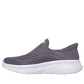 A dark mauve Skechers Womens Slip In Go Walk Arch Fit N-Joy vegan slip-on walking shoe with a knitted mesh upper, thick white sole, and subtle pink details near the collar, viewed from the side., 51665, 51666, 199025364324, 51668, 199025364348, 51670, 199025364362, 51672, 199025364386, 51674