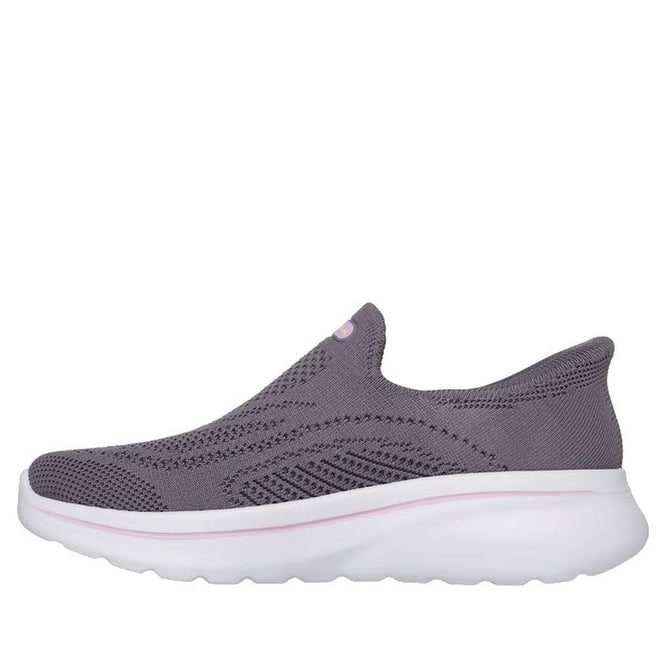 A dark mauve Skechers Womens Slip In Go Walk Arch Fit N-Joy vegan slip-on walking shoe with a knitted mesh upper, thick white sole, and subtle pink details near the collar, viewed from the side., 51665, 51666, 199025364324, 51668, 199025364348, 51670, 199025364362, 51672, 199025364386, 51674