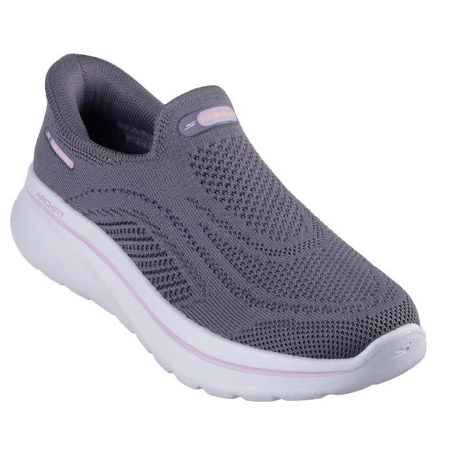 The Skechers Womens Slip In Go Walk Arch Fit N-Joy in Dark Mauve is a vegan slip-on athletic shoe featuring a knit mesh upper, white cushioned sole, and subtle light pink accents.