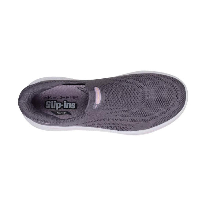 Top view of a dark mauve Skechers Womens Slip In Go Walk Arch Fit N-Joy vegan walking slip-on with mesh upper, white sole, and Arch Fit insole branding. The laceless design provides easy comfort for walking shoe lovers., 51665, 51666, 199025364324, 51668, 199025364348, 51670, 199025364362, 51672, 199025364386, 51674