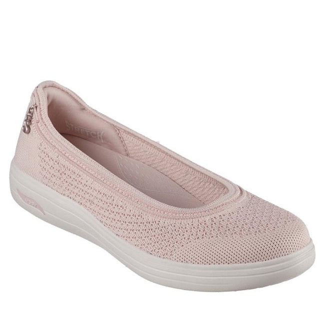 The right foot side and front view of a blush pink Skechers Arch Fit Inspire Refined ballet flat with a laceless design and pull-on style, low to the ground and the opening is lower to the toes.,
198739038903,

198739038927,

198739038941,
