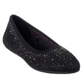 The Womens Skechers Cleo 2.0 Glitzy Daze Ballet Flat Black is a black knit flat with a rounded toe, adorned with rhinestones, eco-friendly materials, and STRETCH FIT in pink inside for comfort and style.
