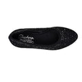 Top view of the Womens Skechers Cleo 2.0 Glitzy Daze Ballet Flat in black, featuring a textured mesh upper with sparkling rhinestones and an insole labeled "Skechers Air-Cooled Memory Foam"—stylish, eco-friendly comfort., 50212, 196989721118, 196989721132, 196989721156, 196989721170, 50221