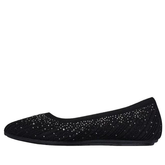 The Womens Skechers Cleo 2.0 Glitzy Daze Ballet Flat in black features a textured surface, sparkling embellishments, a rounded toe, low heel, and an eco-friendly design for stylish and sustainable wear., 50212, 196989721118, 196989721132, 196989721156, 196989721170, 50221