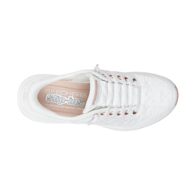Top view of the Skechers Womens Slip In Contour Foam Golden Hour Cozy Fit sneaker in white with rose-gold accents and a cushioned insole for all-day comfort., 49547, 198739849509, 198739849523, 198739849530, 198739849547, 198739849554, 198739849561, 198739849585, 198739849592