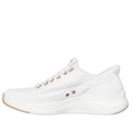 The Skechers Womens Slip In Contour Foam Golden Hour Cozy Fit in White Rose Gold is a white athletic shoe with a cushioned sole, rose gold eyelets, and Air-Cooled Memory Foam, shown in side profile on a plain white background., 49547, 198739849509, 198739849523, 198739849530, 198739849547, 198739849554, 198739849561, 198739849585, 198739849592