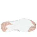The image shows the bottom view of Skechers Womens Slip In Contour Foam Golden Hour Cozy Fit White Rose Gold, featuring a white sole with light pink rubber grip at the toe and heel, plus grooves and textured patterns for traction., 49547, 198739849509, 198739849523, 198739849530, 198739849547, 198739849554, 198739849561, 198739849585, 198739849592