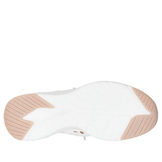 The image shows the bottom view of Skechers Womens Slip In Contour Foam Golden Hour Cozy Fit White Rose Gold, featuring a white sole with light pink rubber grip at the toe and heel, plus grooves and textured patterns for traction., 49547, 198739849509, 198739849523, 198739849530, 198739849547, 198739849554, 198739849561, 198739849585, 198739849592