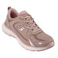 The Skechers Womens Flex Appeal 3.0 Retro Rush in Dark Rose is a sporty pink lace-up sneaker with mesh panels, white cushioned sole, Skechers S logo, light silver accents, and Air-Cooled Memory Foam for all-day comfort.