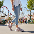 A woman in Skechers Womens Flex Appeal 3.0 Retro Rush Dark Rose sneakers, cuffed jeans, and a white top strolls through an amusement park with roller coasters and a Ferris wheel in the background on a sunny day., 50172, 50173, 198739845396, 50175, 198739845419, 50177, 198739845433, 50179, 50180, 50181