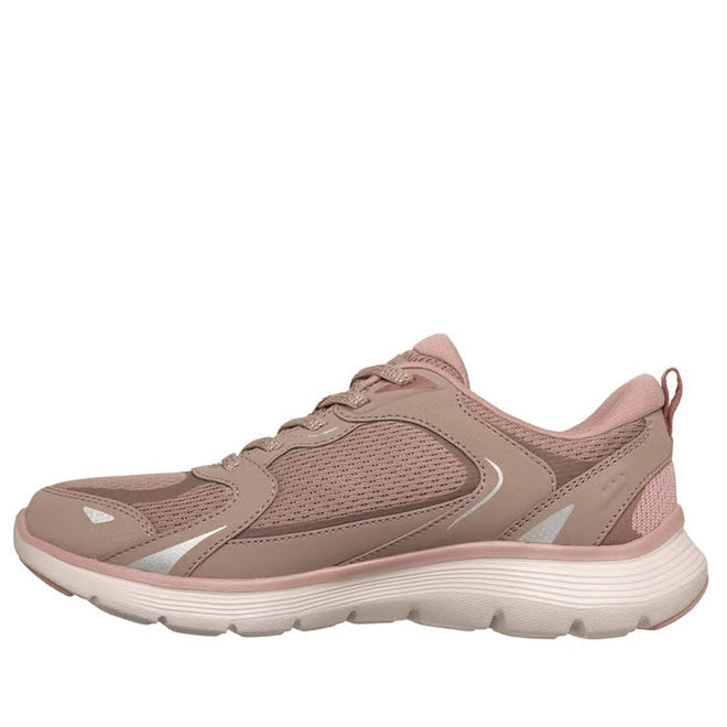 The Skechers Womens Flex Appeal 3.0 Retro Rush Dark Rose sneaker in light pink and beige features mesh panels, synthetic overlays, a white curved midsole, Air-Cooled Memory Foam cushioning, and a pink outsole shown in left profile on a white background., 50172, 50173, 198739845396, 50175, 198739845419, 50177, 198739845433, 50179, 50180, 50181