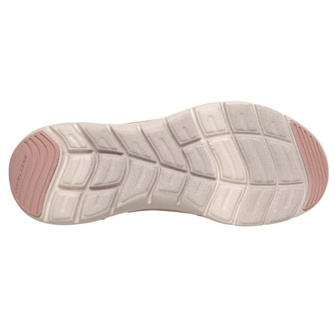 The image shows the outsole of the Skechers Womens Flex Appeal 3.0 Retro Rush Dark Rose, with a grid tread pattern and grooves for flexibility. Its off-white base has light pink rubber at toe and heel for added grip and comfort., 50172, 50173, 198739845396, 50175, 198739845419, 50177, 198739845433, 50179, 50180, 50181