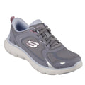 A Skechers Womens Flex Appeal 3.0 Retro Rush in charcoal grey, featuring a mesh and synthetic upper, lace-up closure, sporty style, white sole and S logo, plus Air-Cooled Memory Foam—shown at an angle against a white background.