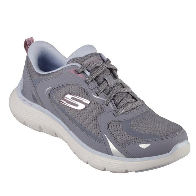 A Skechers Womens Flex Appeal 3.0 Retro Rush in charcoal grey, featuring a mesh and synthetic upper, lace-up closure, sporty style, white sole and S logo, plus Air-Cooled Memory Foam—shown at an angle against a white background.