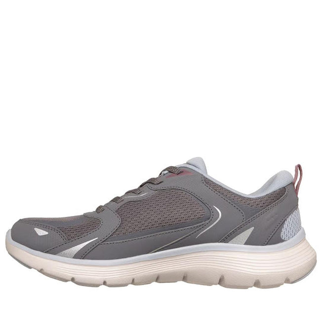 The Skechers Womens Flex Appeal 3.0 Retro Rush Charcoal Grey athletic sneaker features mesh and synthetic overlays, white accents, Air-Cooled Memory Foam cushioning, and a red heel pull tab in a sporty side profile on a white background., 49738, 49739, 198739845242, 198739845259, 198739845266, 198739845273, 198739845280, 198739845297, 198739845303, 198739845327